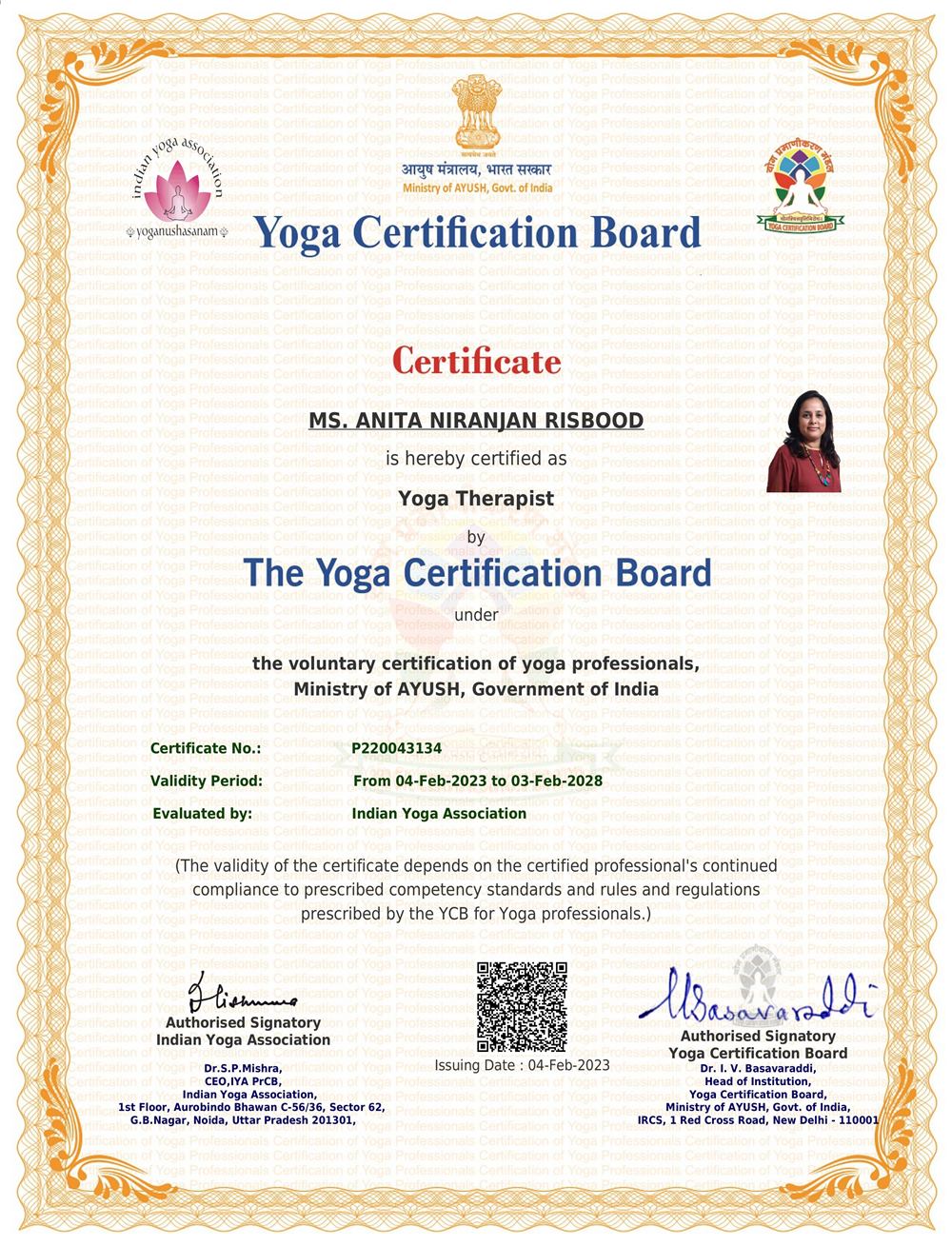 Yog Therapist certificate issued to Anita Risbood